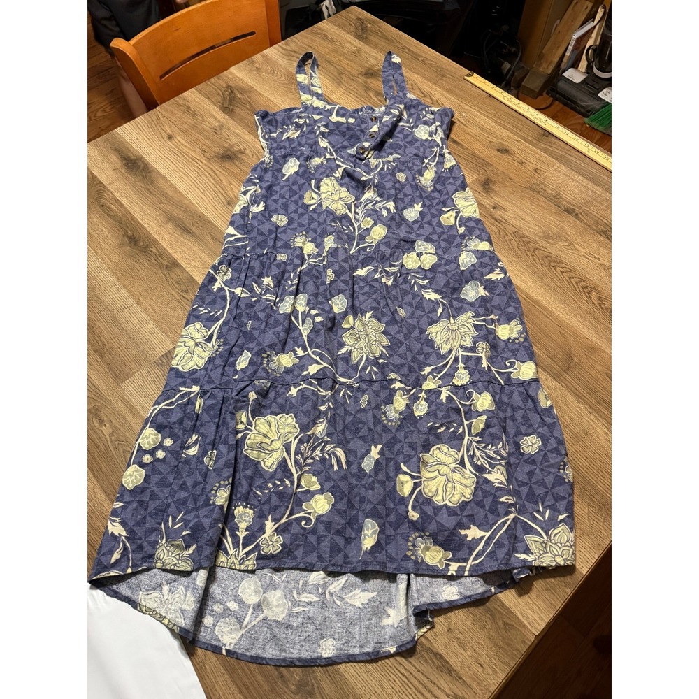 Sonoma Goods For Life Dress Women Size L Blue Midi Linen Blend Floral Sleeveless
